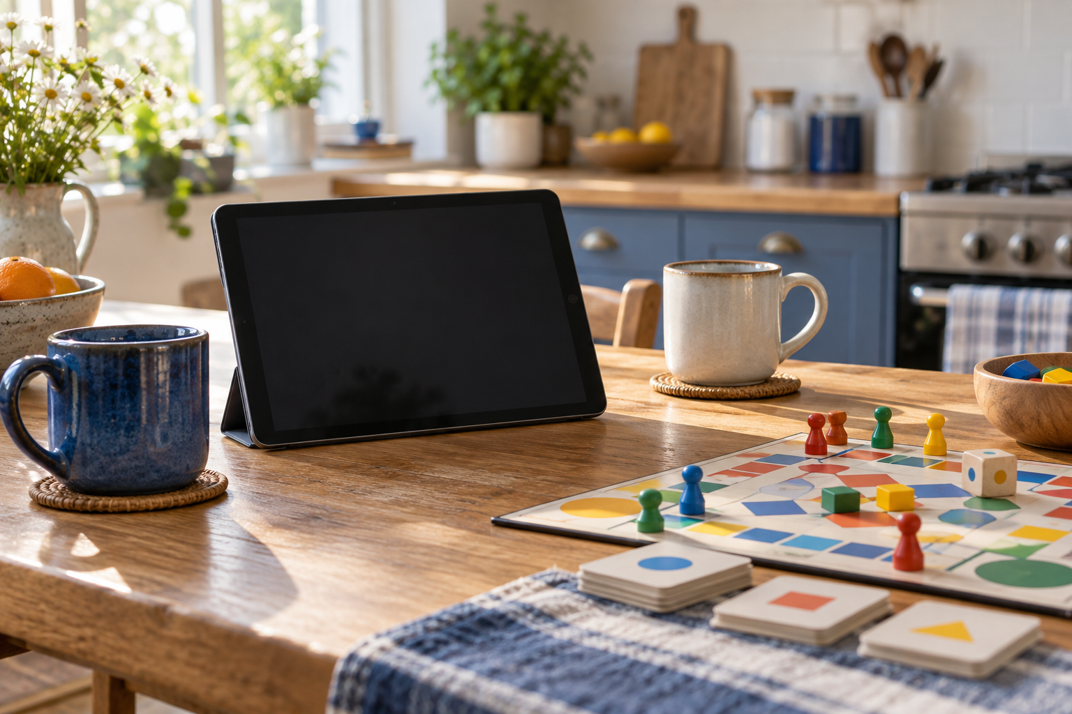 a tablet, mugs, and a board game on a sunlit kitchen table